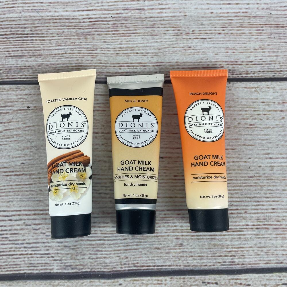 Dionis Goat Milk Hand Cream Set of 3 1oz Tubes - Vanilla Chai, Milk & Honey, Pea